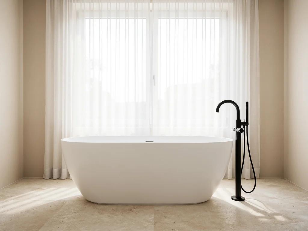 Baignoire îlot devant une fenêtre et robinetterie noire mate